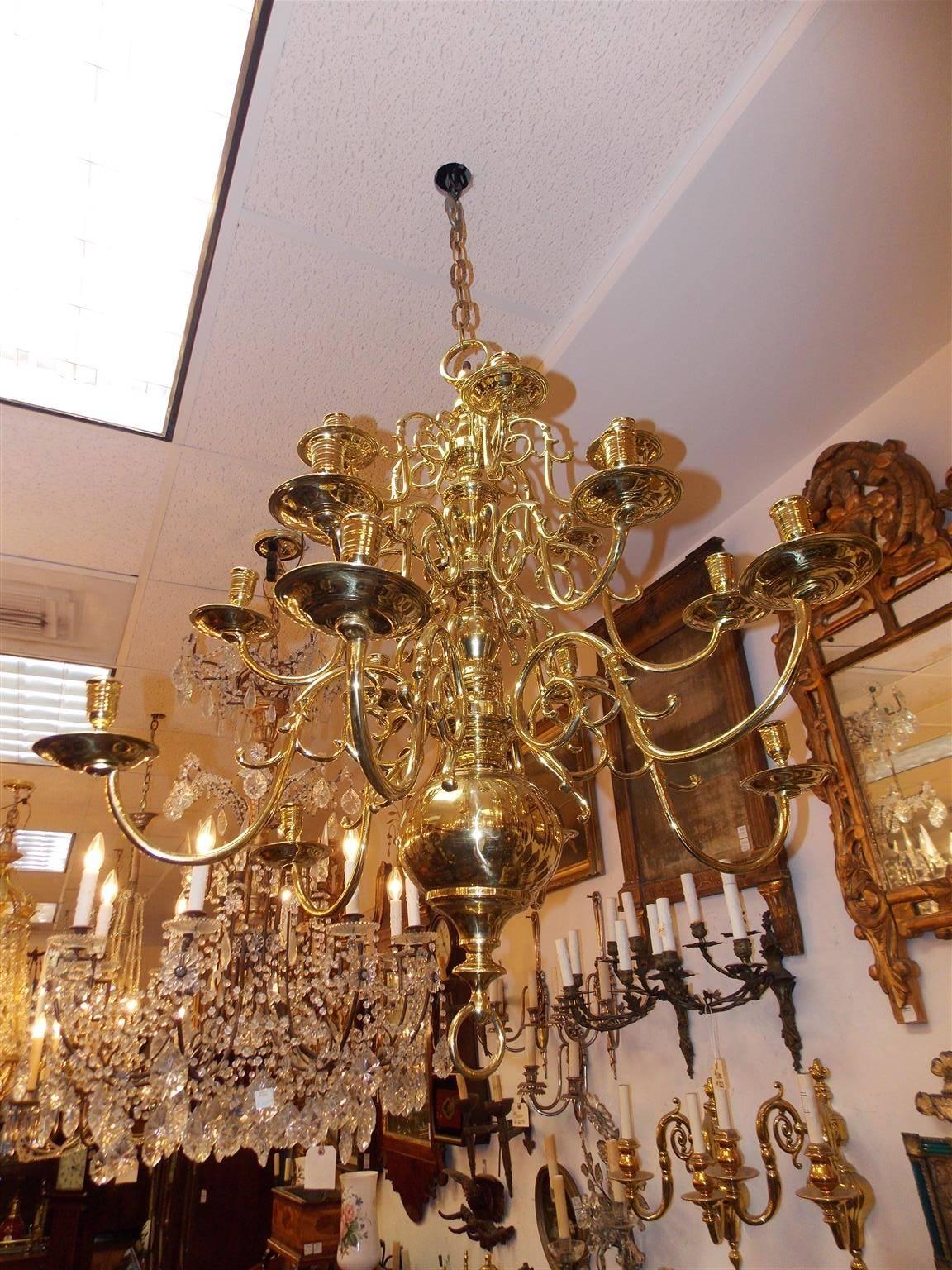 Dutch Colonial Brass Three-Tier Bulbous and Scrolled Chandelier, Circa 1760 1