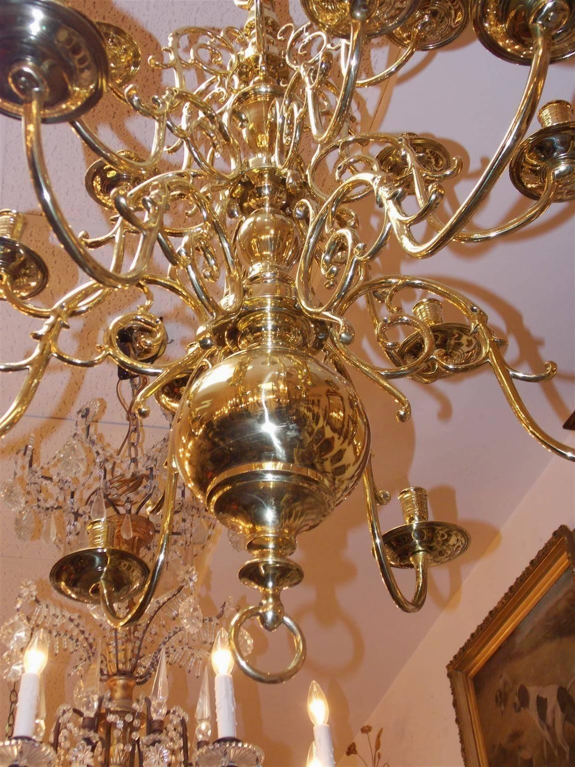Dutch Colonial Brass Three-Tier Bulbous and Scrolled Chandelier, Circa 1760 2