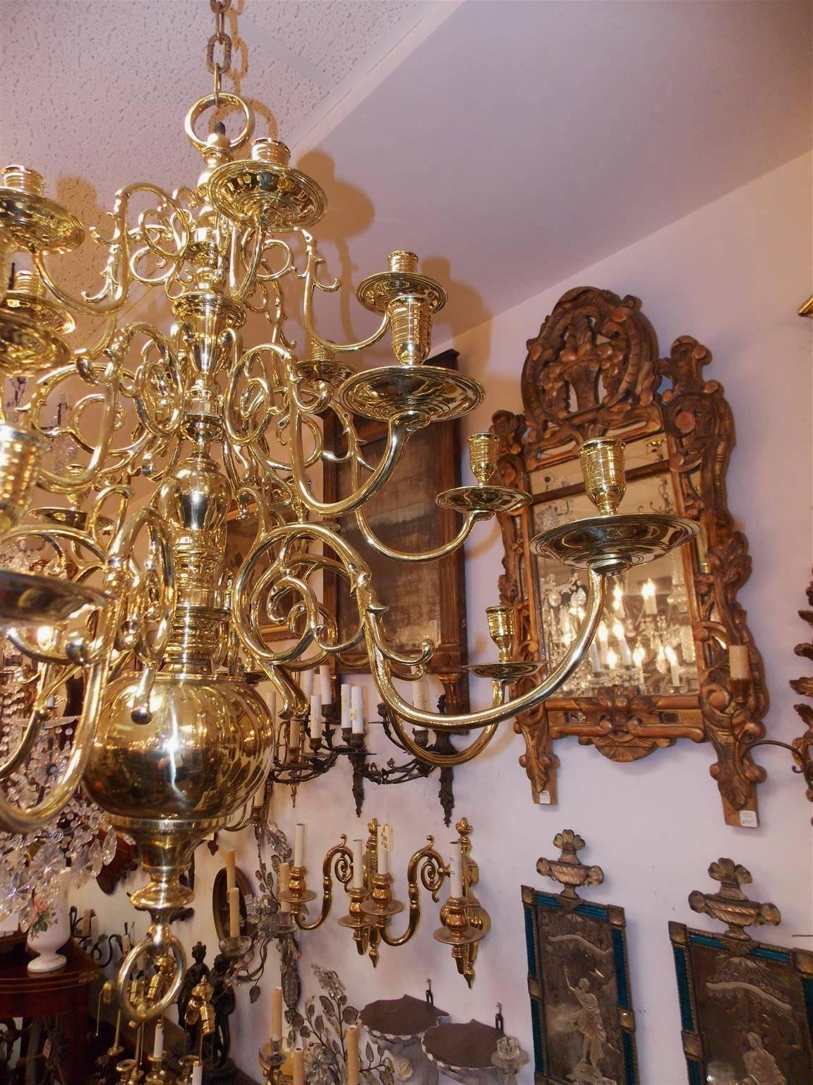Dutch Colonial Brass Three-Tier Bulbous and Scrolled Chandelier, Circa 1760 In Excellent Condition In Hollywood, SC