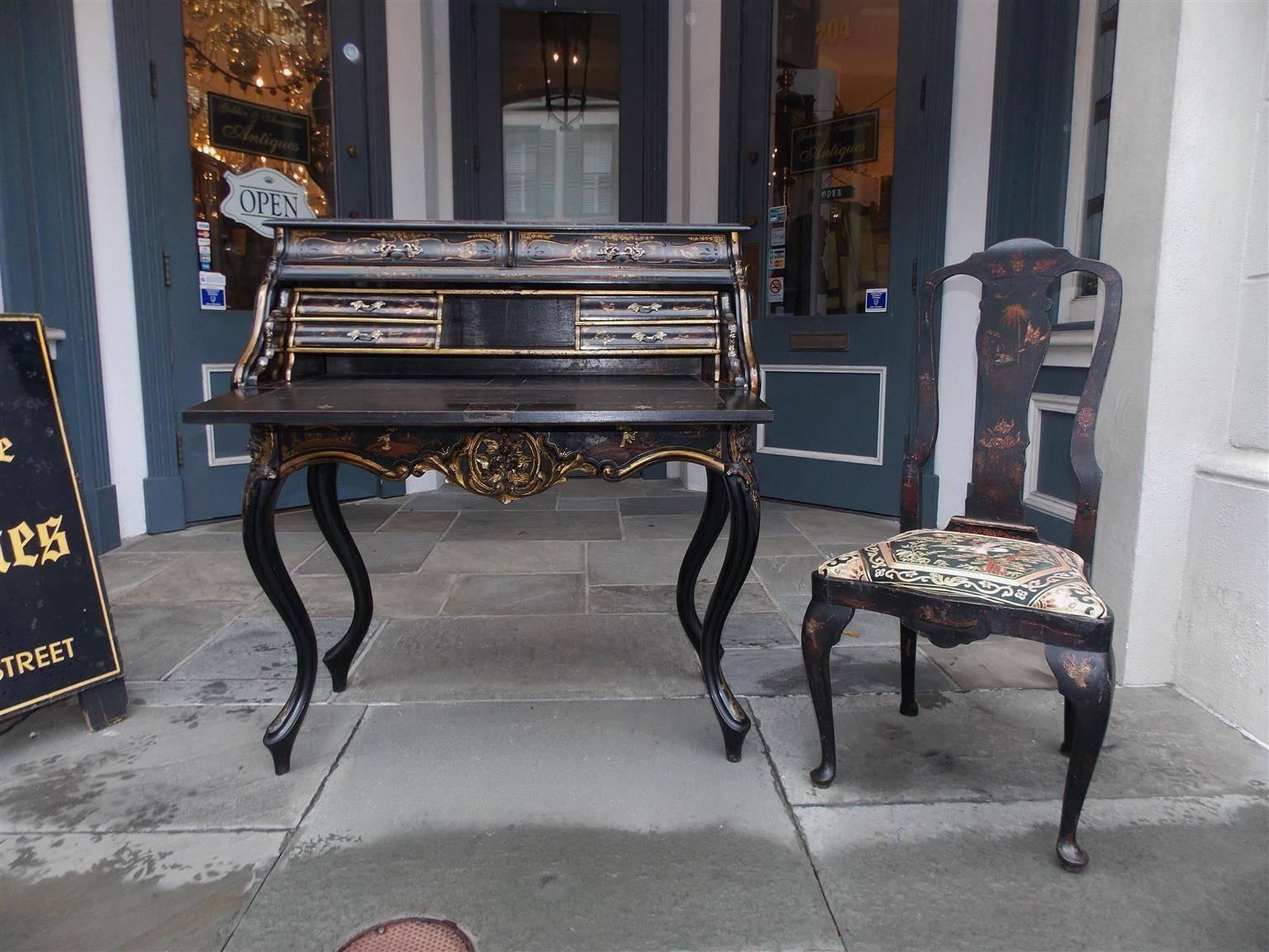 William IV English Chinoiserie Black Lacquered and Gilt Desk with Side Chair, Circa 1840