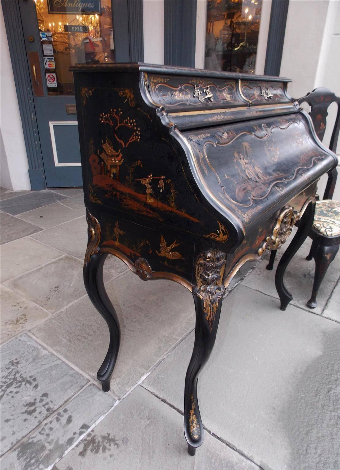 English Chinoiserie Black Lacquered and Gilt Desk with Side Chair, Circa 1840 In Excellent Condition In Hollywood, SC