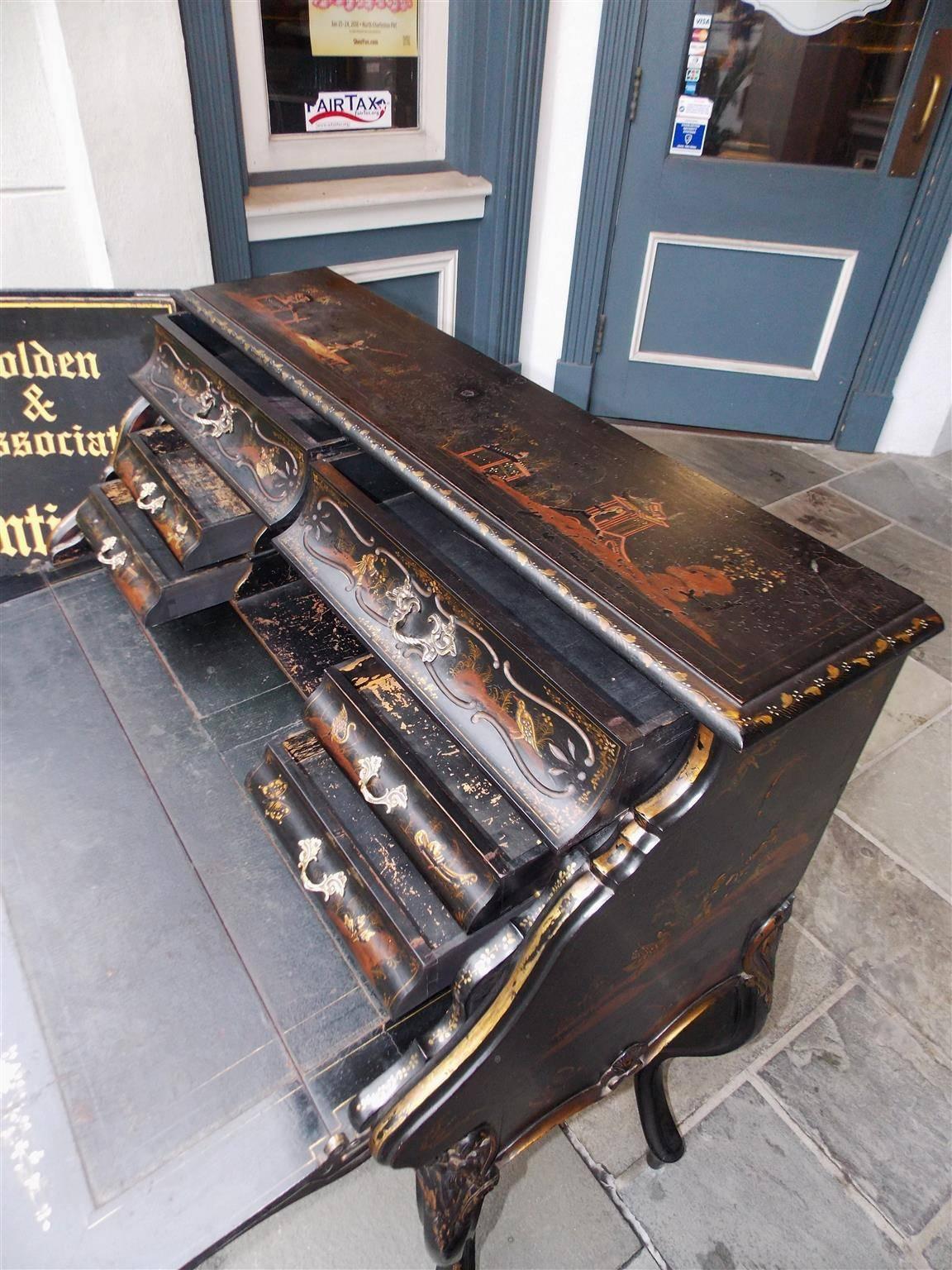 Leather English Chinoiserie Black Lacquered and Gilt Desk with Side Chair, Circa 1840