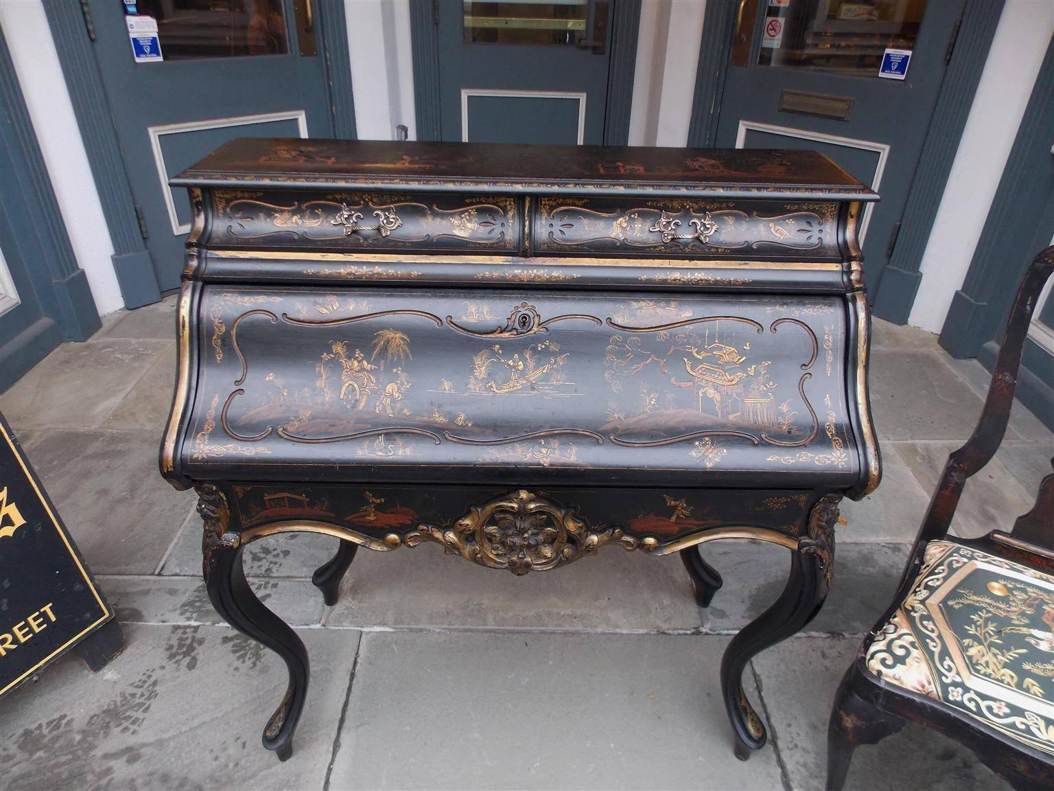 Hand-Crafted English Chinoiserie Black Lacquered and Gilt Desk with Side Chair, Circa 1840