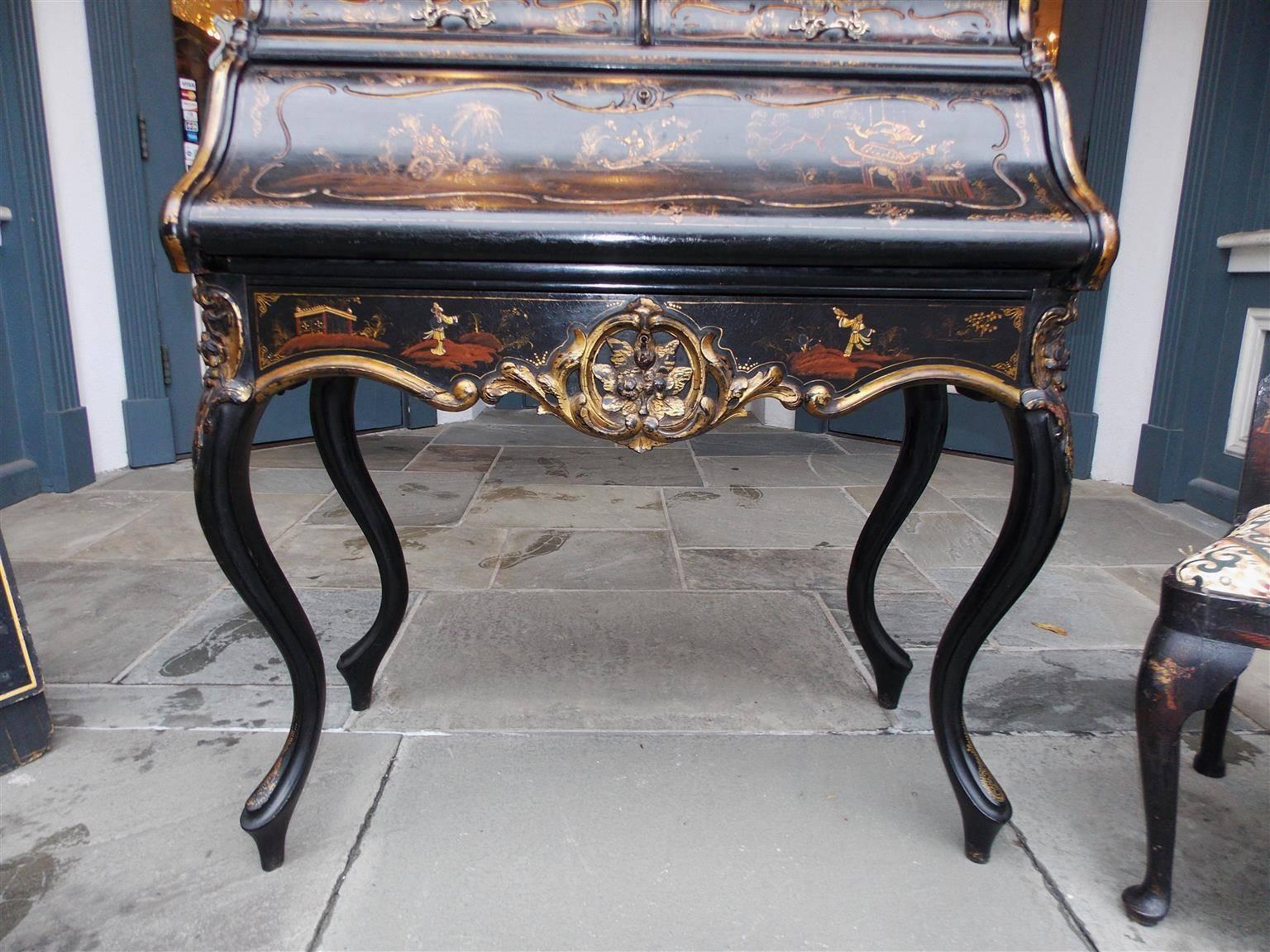 English Chinoiserie Black Lacquered and Gilt Desk with Side Chair, Circa 1840 1