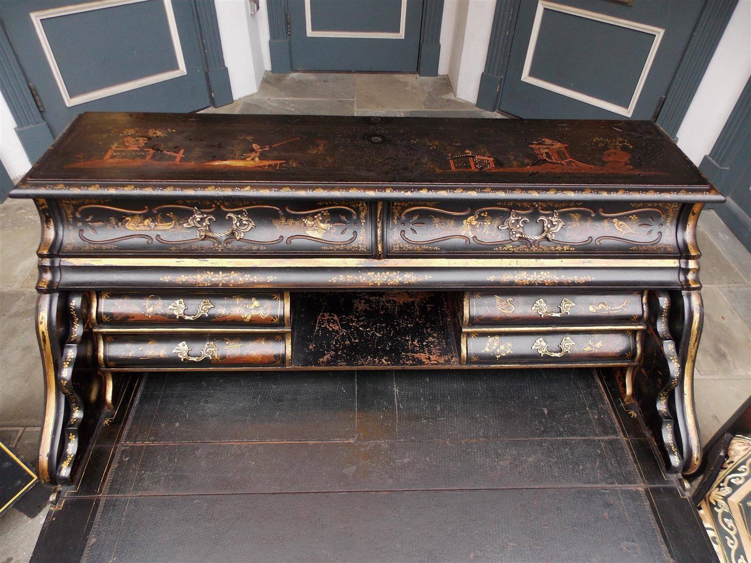 Mid-19th Century English Chinoiserie Black Lacquered and Gilt Desk with Side Chair, Circa 1840