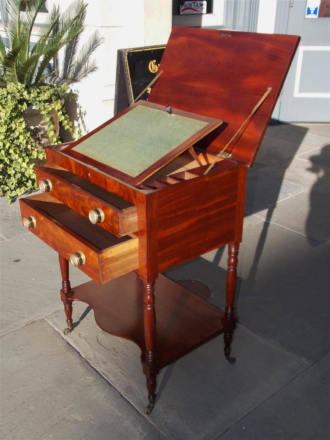 Brass American Sheraton Mahogany Work Table with Fitted Interior Desk, Circa 1815