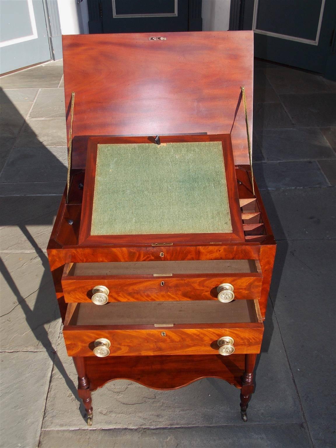 Early 19th Century American Sheraton Mahogany Work Table with Fitted Interior Desk, Circa 1815