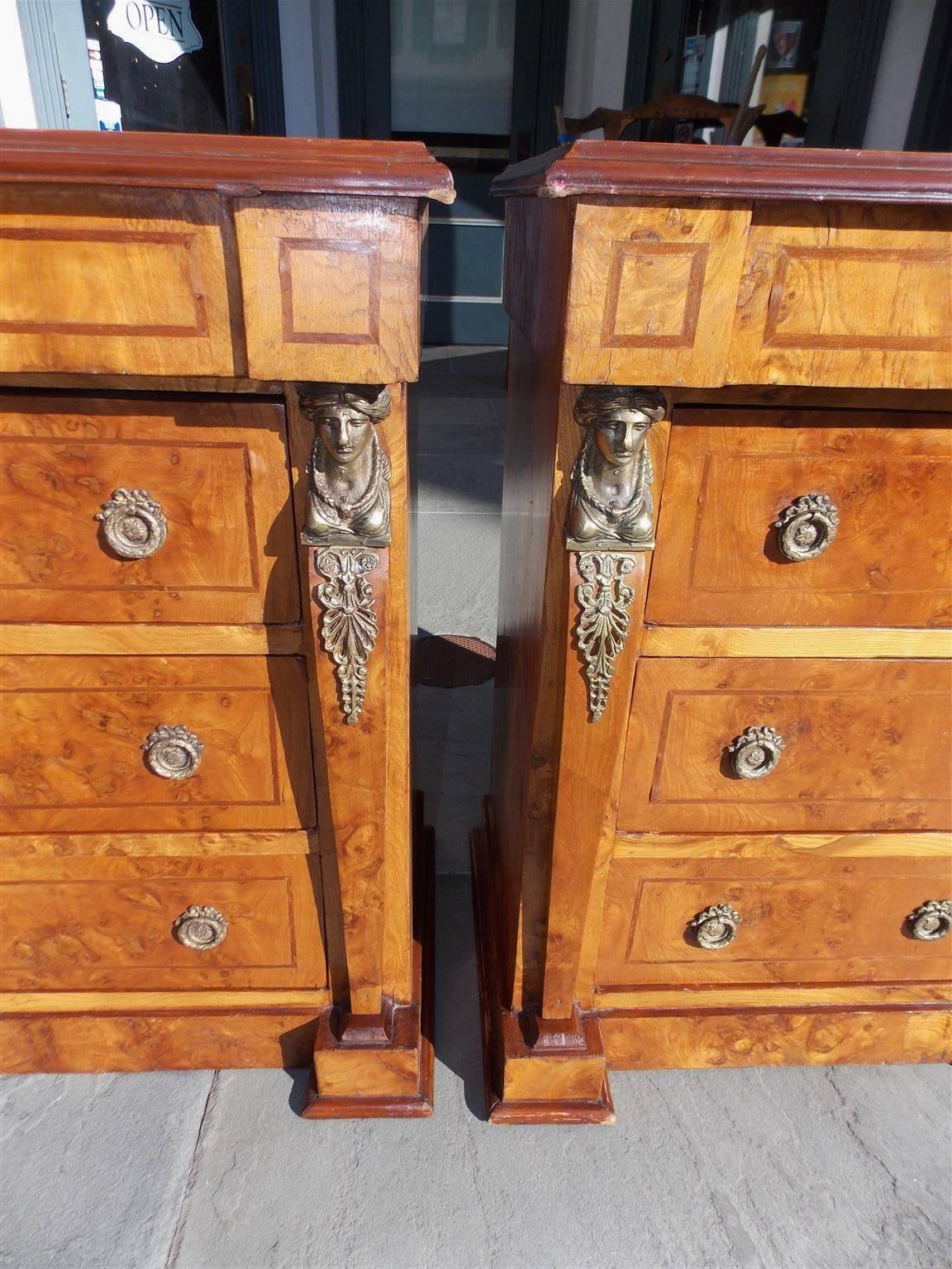 Pair of English Neoclassical Style Burl Walnut Figural Ormolu Commodes. C. 1880 For Sale 2