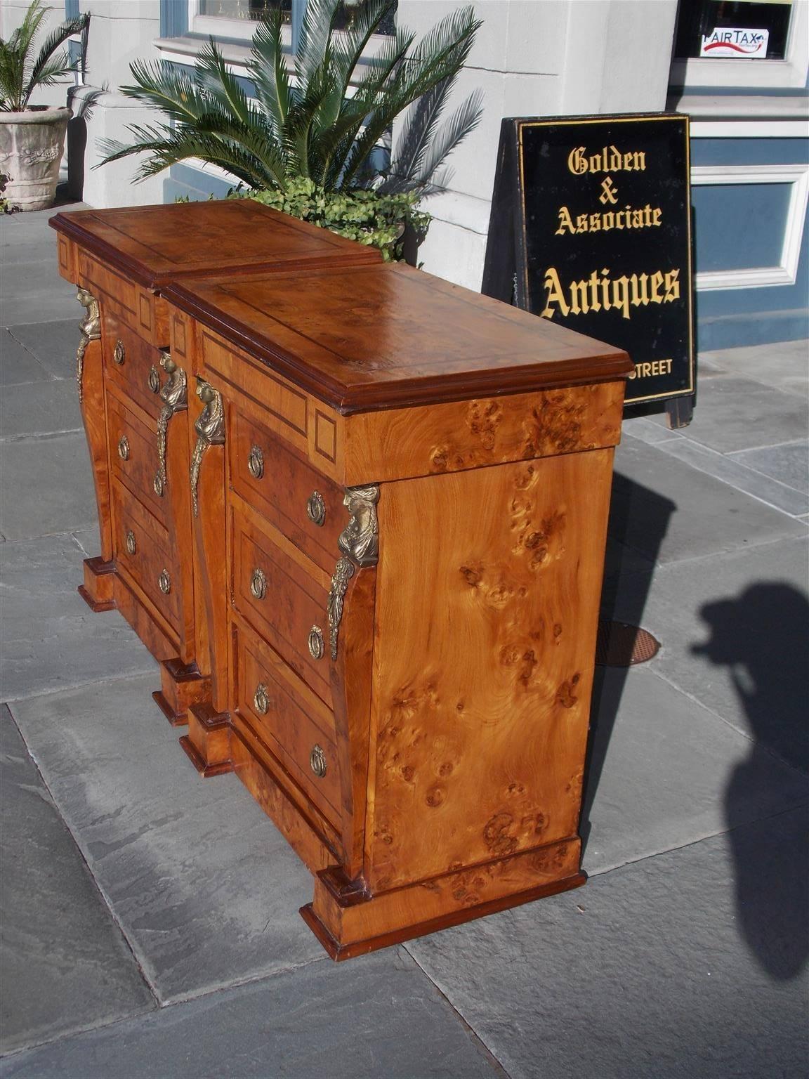 Pair of English Neoclassical Style Burl Walnut Figural Ormolu Commodes. C. 1880 In Excellent Condition For Sale In Hollywood, SC