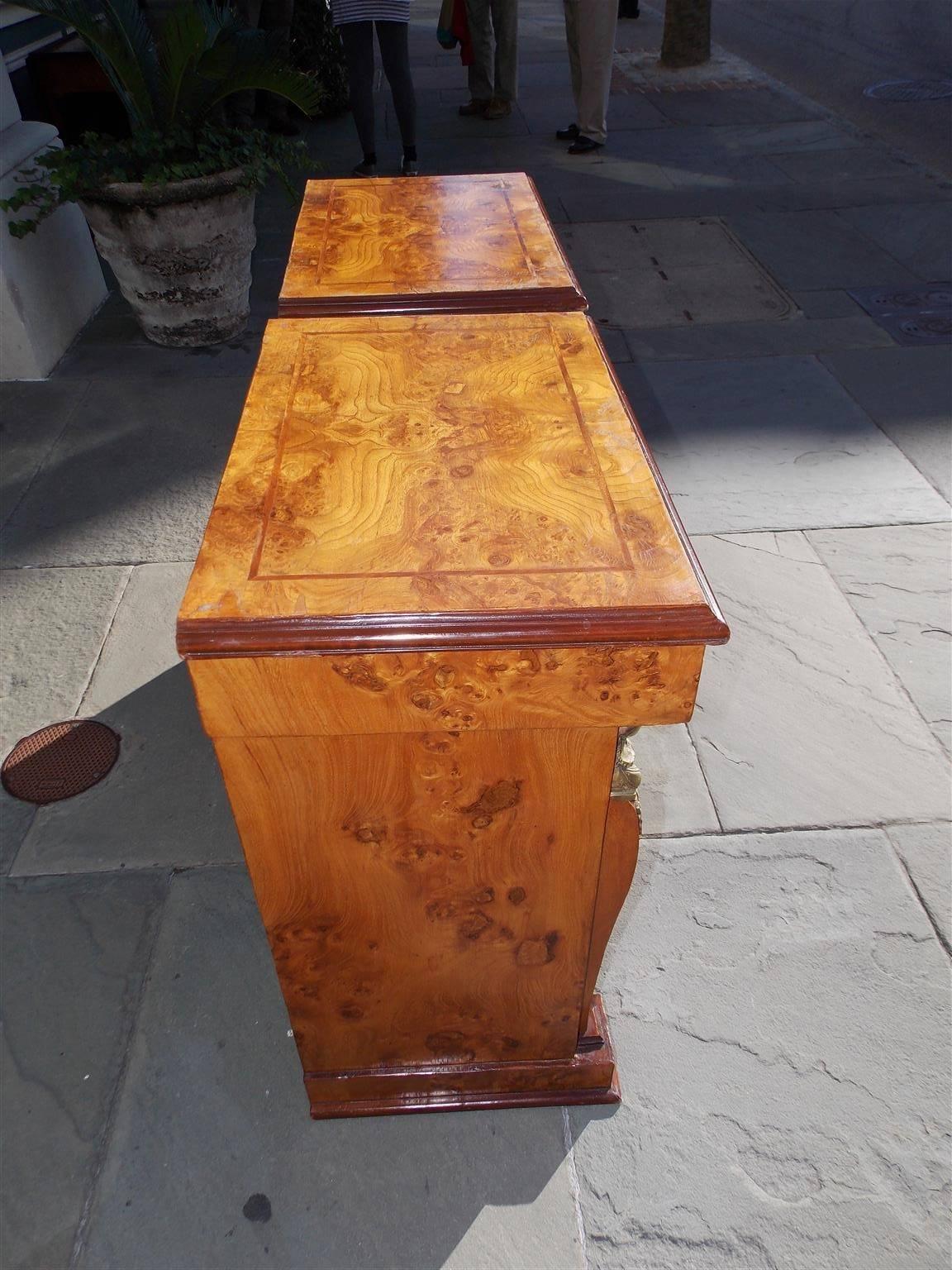 Late 19th Century Pair of English Neoclassical Style Burl Walnut Figural Ormolu Commodes. C. 1880 For Sale