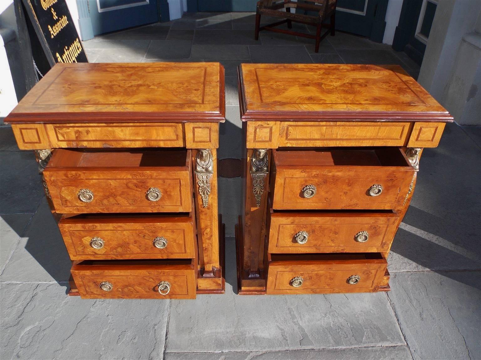 Pair of English Neoclassical Style Burl Walnut Figural Ormolu Commodes. C. 1880 For Sale 3