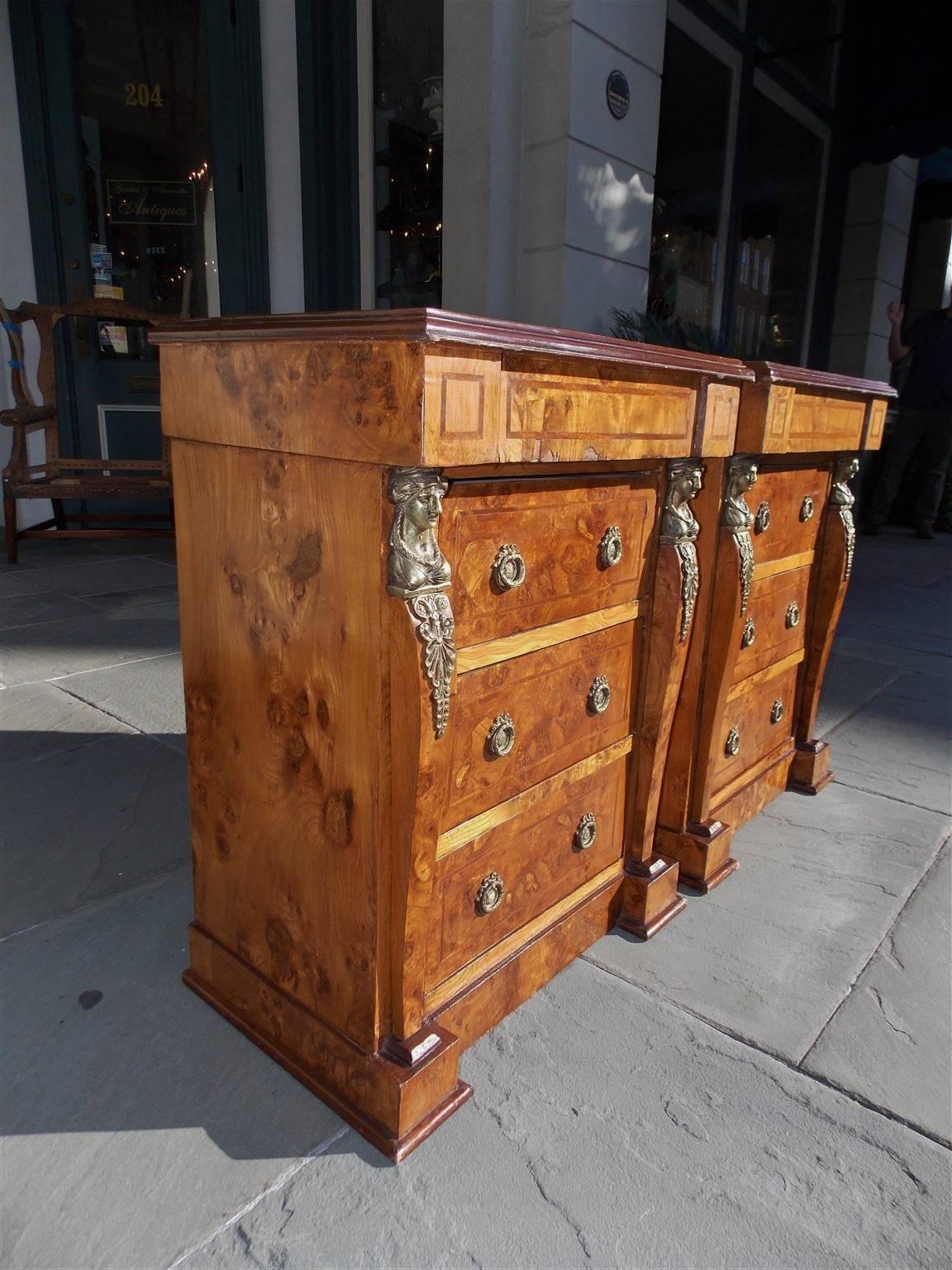 Hand-Carved Pair of English Neoclassical Style Burl Walnut Figural Ormolu Commodes. C. 1880 For Sale