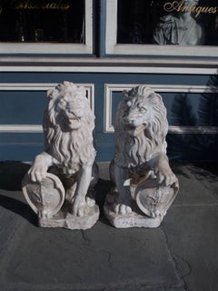 Pair of French Glazed Terracotta Lions Grasping Fleur De Lis Plaques, Circa 1840