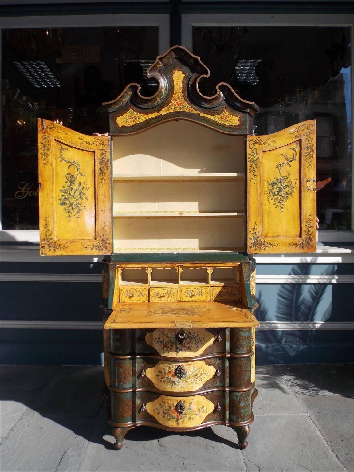 Venetian Hand-Painted Blind Door Secretary with Bookcase, Circa 1900 In Excellent Condition For Sale In Hollywood, SC