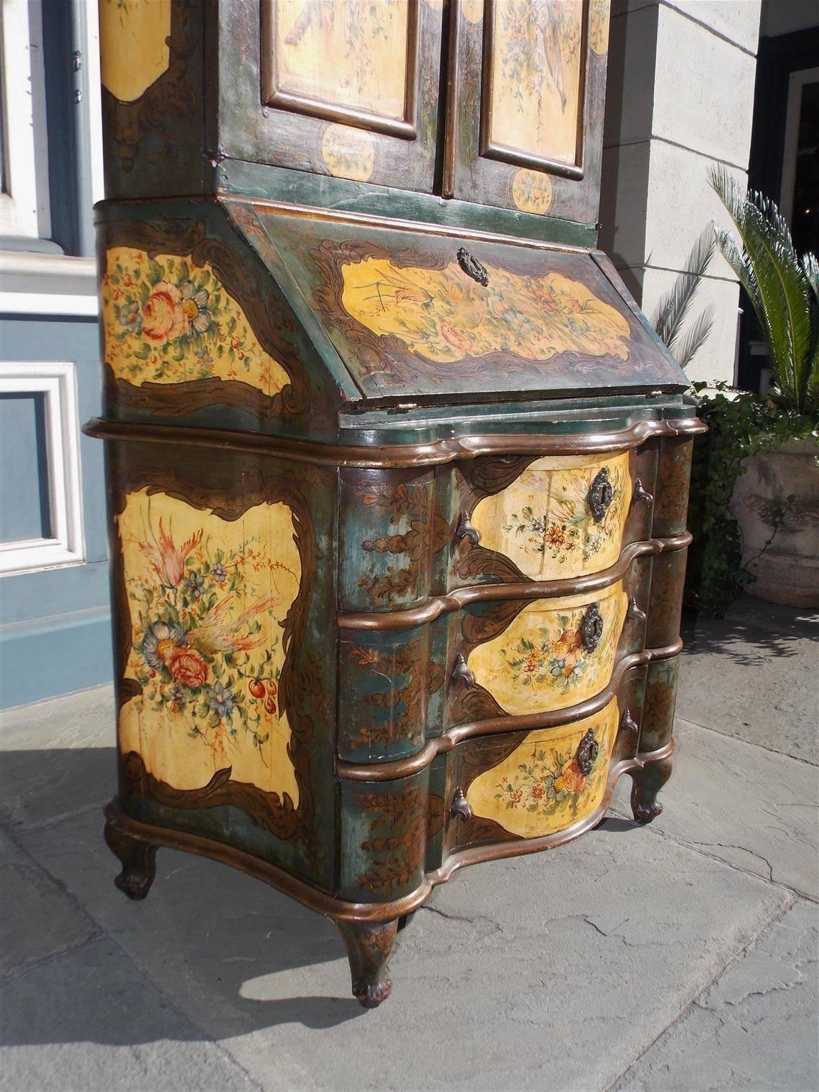 Italian Venetian Hand-Painted Blind Door Secretary with Bookcase, Circa 1900 For Sale