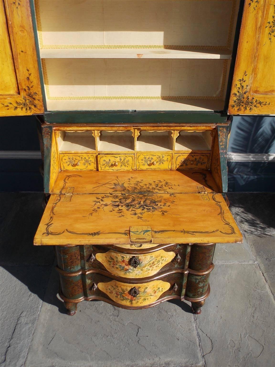 Brass Venetian Hand-Painted Blind Door Secretary with Bookcase, Circa 1900 For Sale