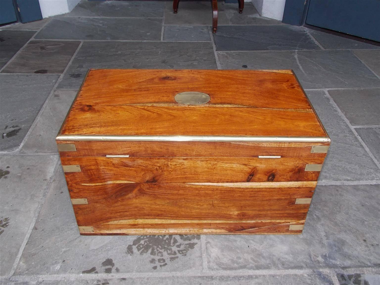 Hand-Carved English Camphor Wood Brass Mounted and Hinged Export Trunk, Circa 1830