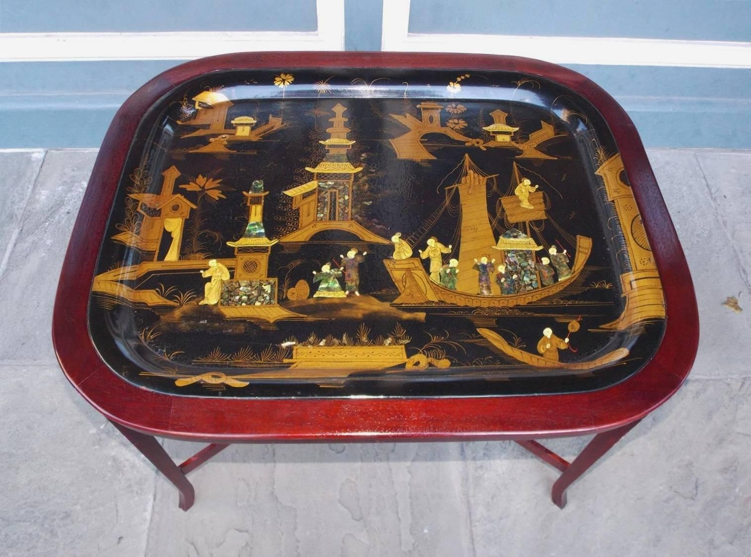 English Chinoiserie Abalone and Gilt Papier Mâché Tray on Stand, Circa 1820 In Excellent Condition In Hollywood, SC
