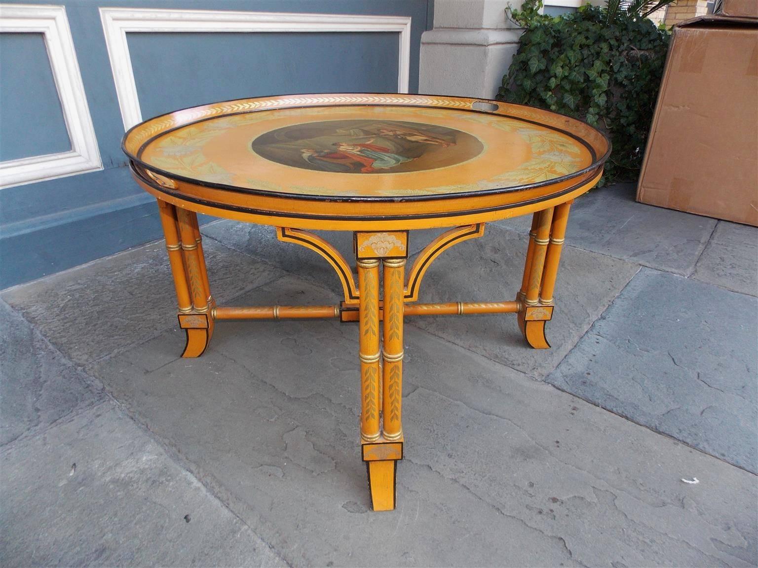 English Regency Figural Circular Tole Tray on Faux Bamboo Stand, Circa 1810 In Excellent Condition In Hollywood, SC