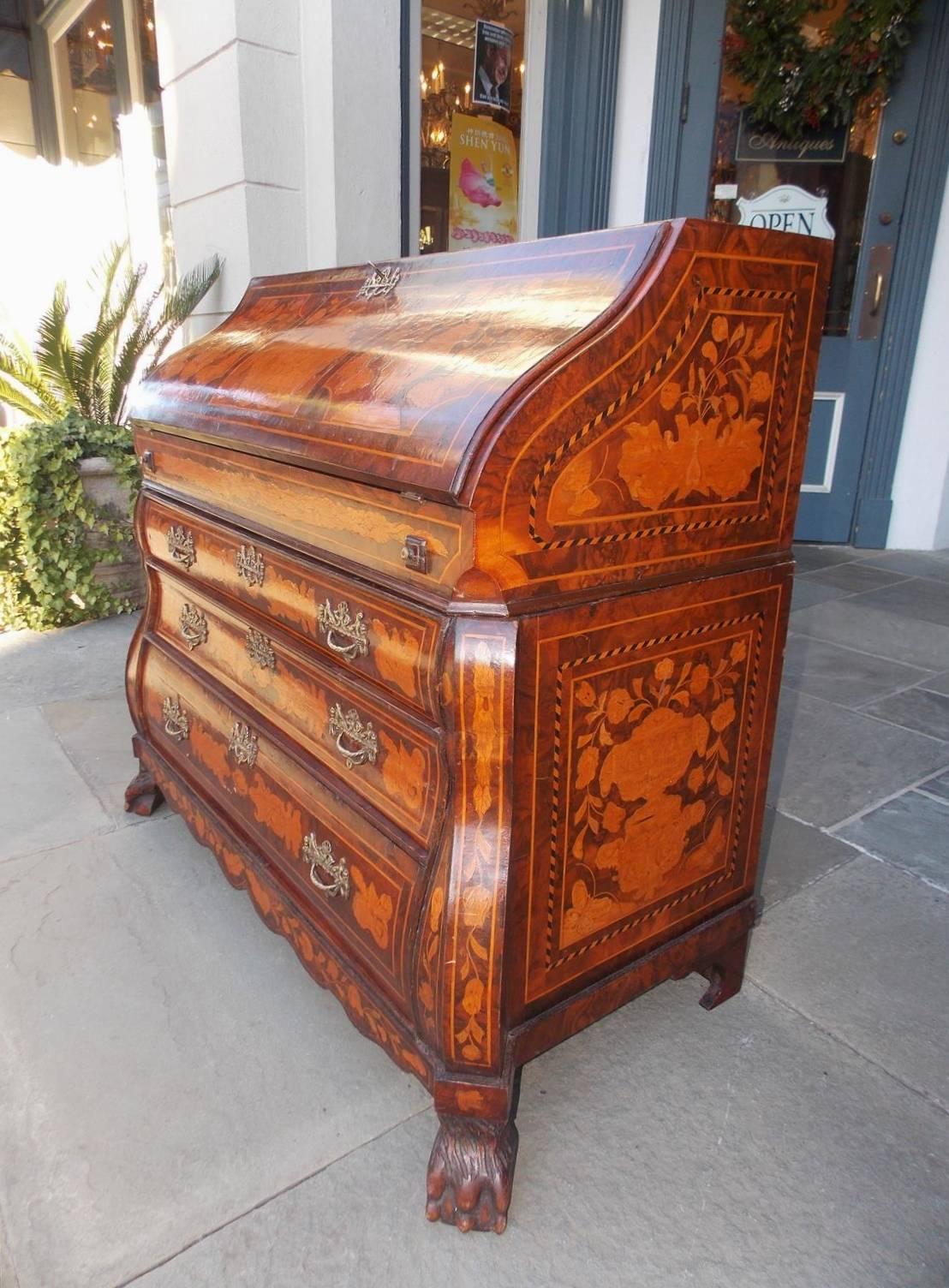 Dutch Marquetry Burl Walnut Bombay Figural and Foliage Inlaid Desk, Circa 1850 In Excellent Condition For Sale In Hollywood, SC