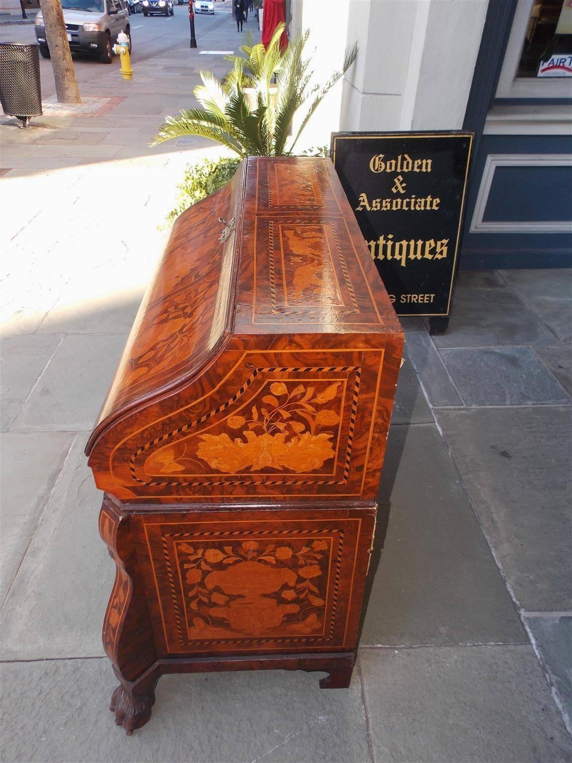 Dutch Colonial Dutch Marquetry Burl Walnut Bombay Figural and Foliage Inlaid Desk, Circa 1850 For Sale