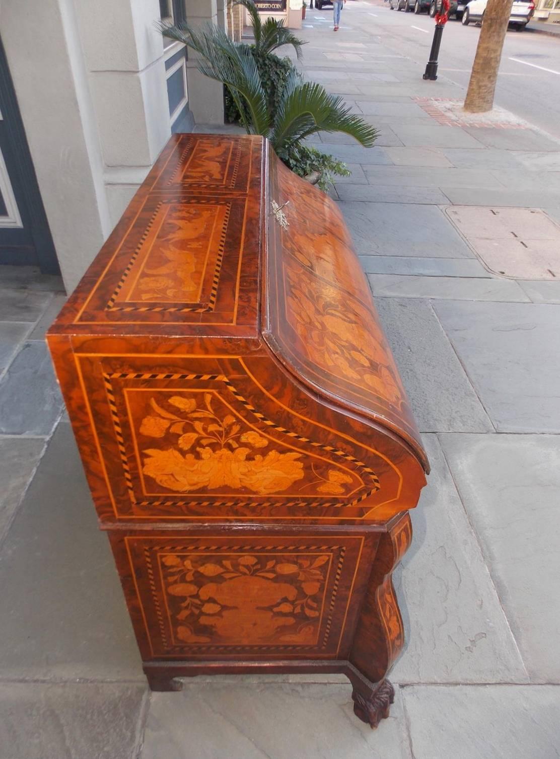 Hand-Carved Dutch Marquetry Burl Walnut Bombay Figural and Foliage Inlaid Desk, Circa 1850 For Sale