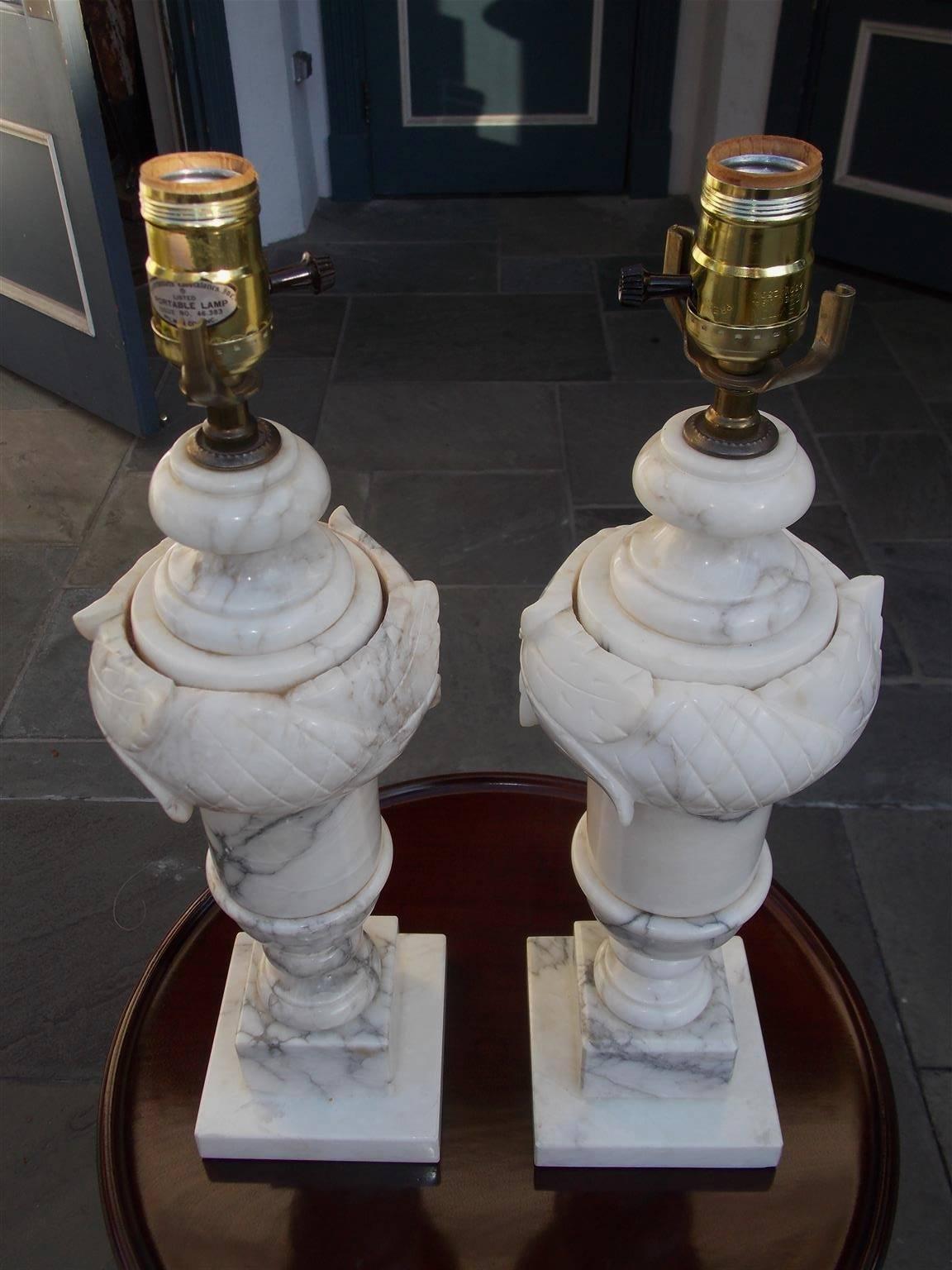 Brass Pair of Italian Hand-Carved Prussion Marble Floral Lamps, Circa 1880