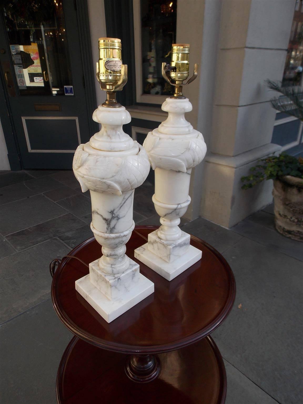 Pair of Italian Hand-Carved Prussion Marble Floral Lamps, Circa 1880 In Excellent Condition In Hollywood, SC