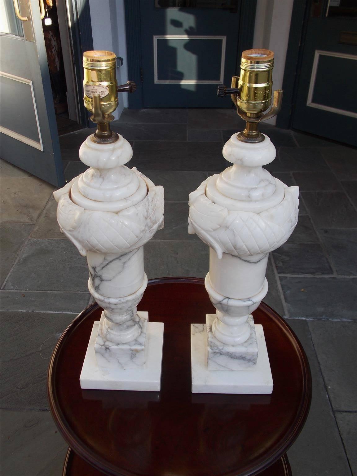 Late 19th Century Pair of Italian Hand-Carved Prussion Marble Floral Lamps, Circa 1880
