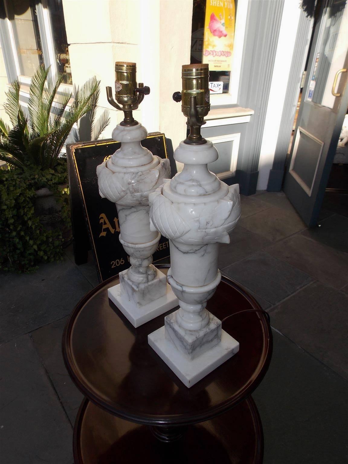 Neoclassical Pair of Italian Hand-Carved Prussion Marble Floral Lamps, Circa 1880
