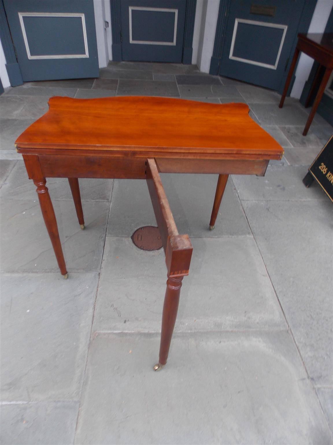 Brass American Sheraton Cherry Serpentine Tulip Wood Inlaid Game Table, Circa 1820 For Sale