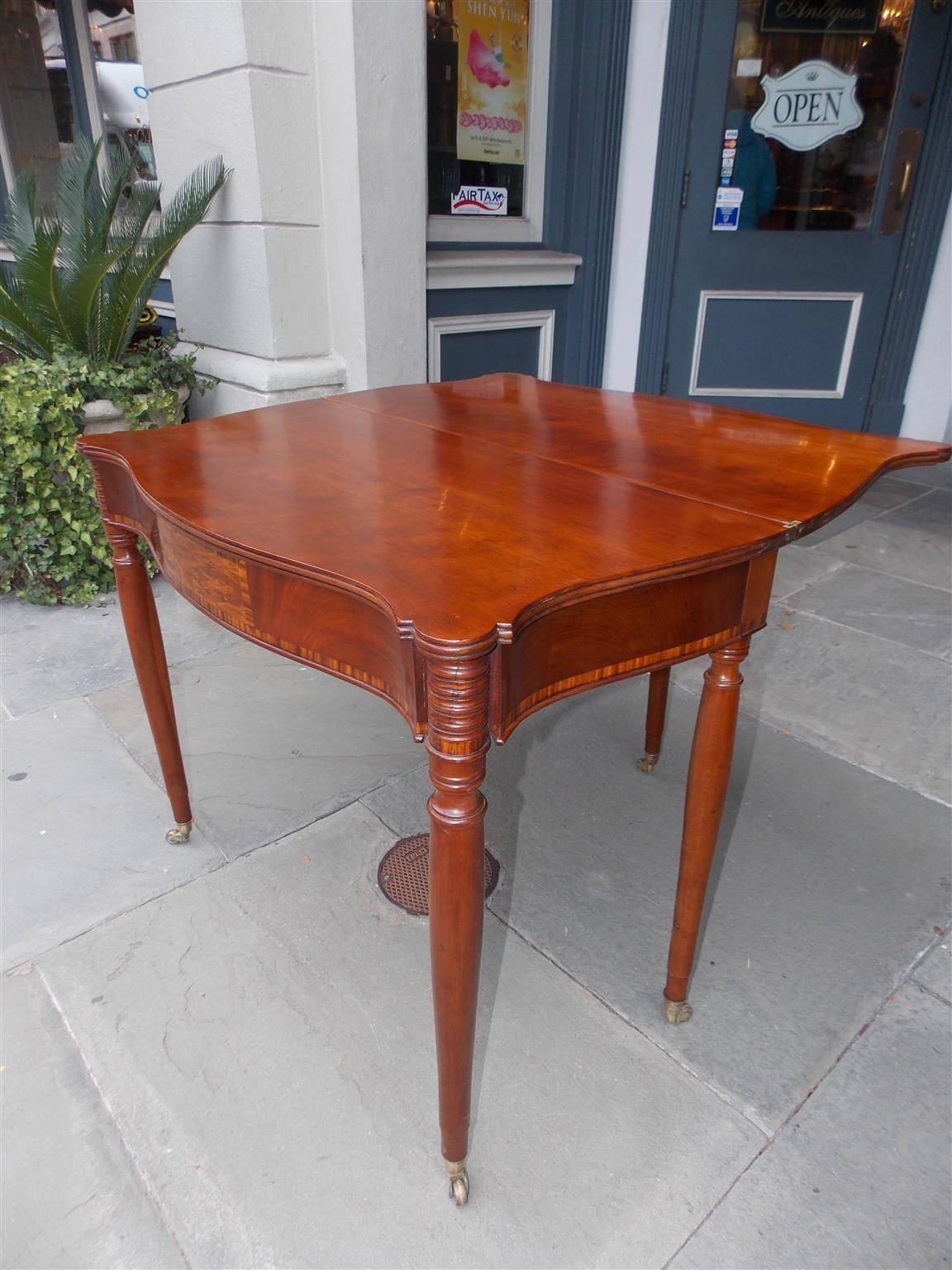 Hand-Carved American Sheraton Cherry Serpentine Tulip Wood Inlaid Game Table, Circa 1820 For Sale