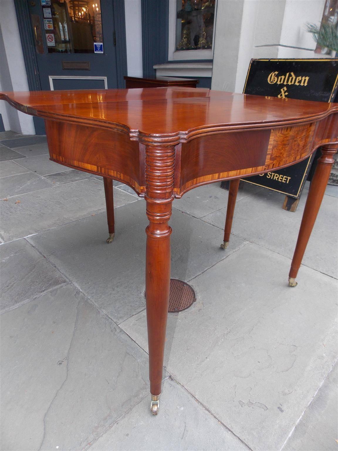 Early 19th Century American Sheraton Cherry Serpentine Tulip Wood Inlaid Game Table, Circa 1820 For Sale