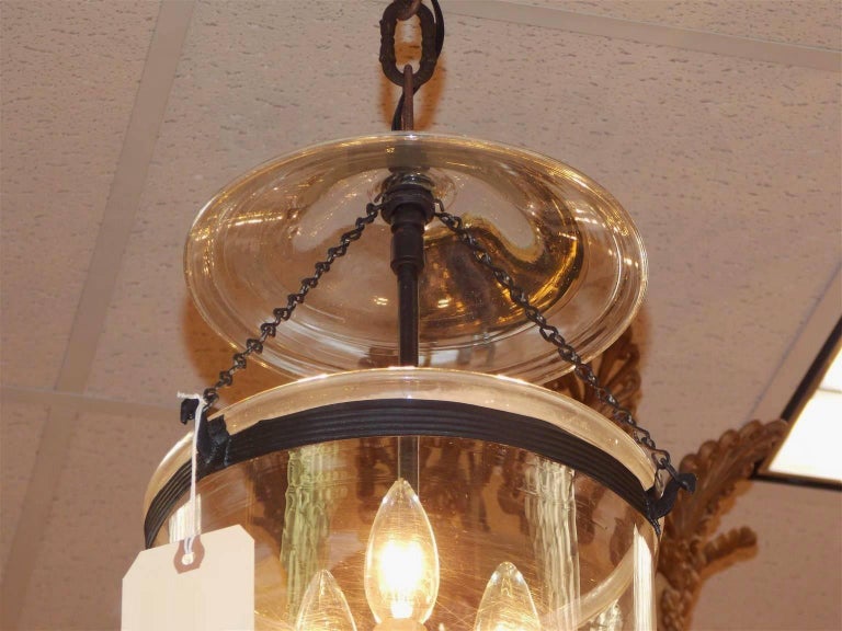 George III English Hand Blown Glass and Bronze Bell Jar Hall Lantern, Circa 1800 For Sale