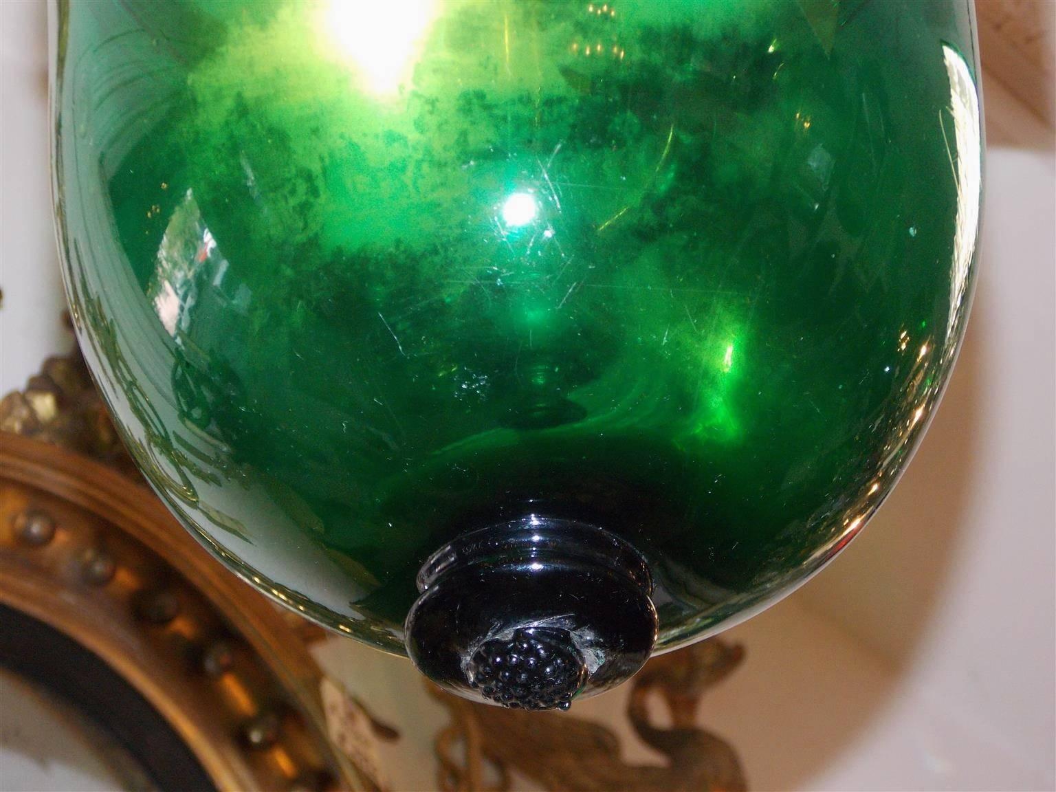 George III English Emerald Green Glass and Bronze Bell Jar Hall Lantern, Circa 1800