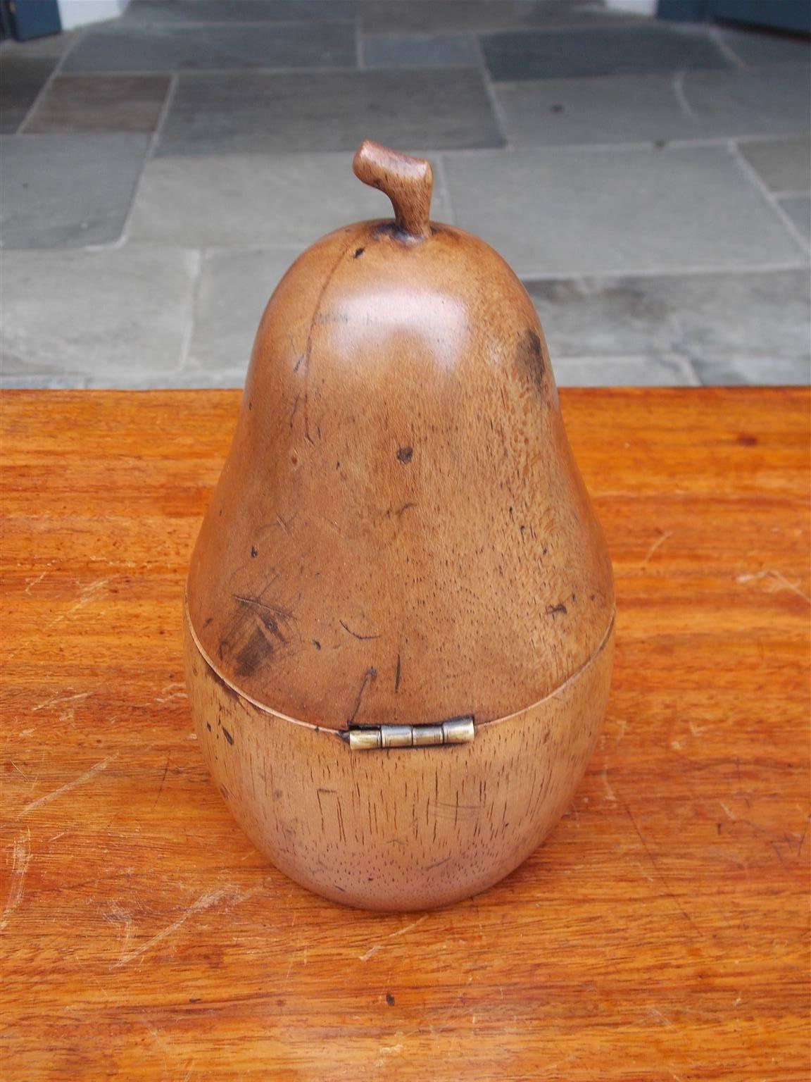 Hand-Carved English Cherry Pear Shaped Hinged Tea Caddy with Lined Foil Interior. 20th Cent.