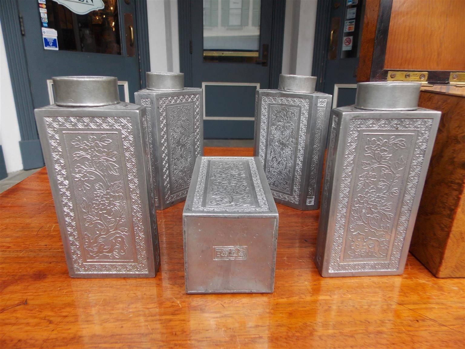 Chinese Burl Walnut Tea Caddy with Decorative Floral Pewter Bins, Circa 1810 1