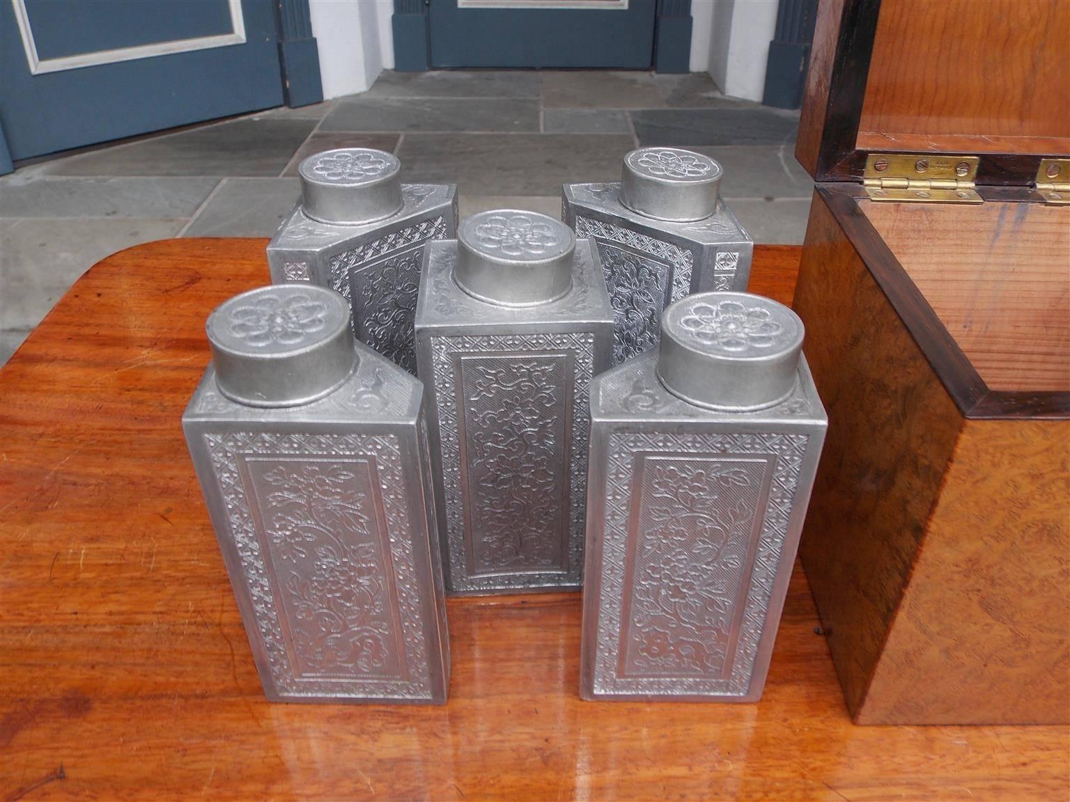 Brass Chinese Burl Walnut Tea Caddy with Decorative Floral Pewter Bins, Circa 1810