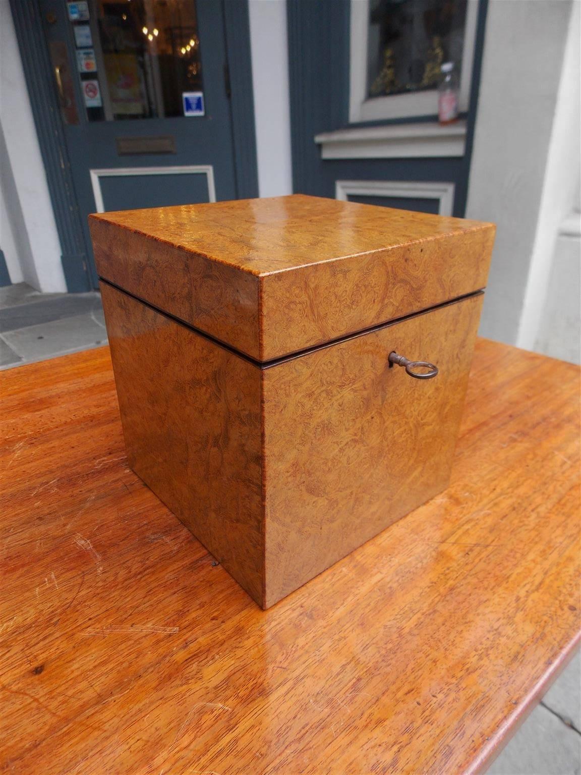 Chinese Export Chinese Burl Walnut Tea Caddy with Decorative Floral Pewter Bins, Circa 1810