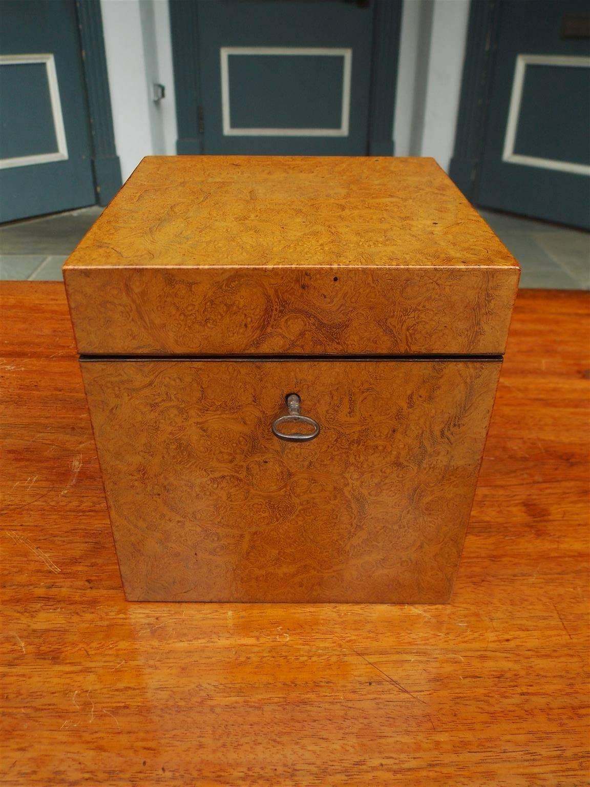 Chinese burl walnut hinged tea caddy with the original five decorative floral Pewter bins with lids. Tea Caddy retains the original lock and key. Bins are signed by maker, Early 19th Century.