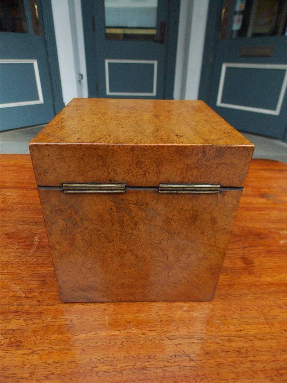 Hand-Carved Chinese Burl Walnut Tea Caddy with Decorative Floral Pewter Bins, Circa 1810