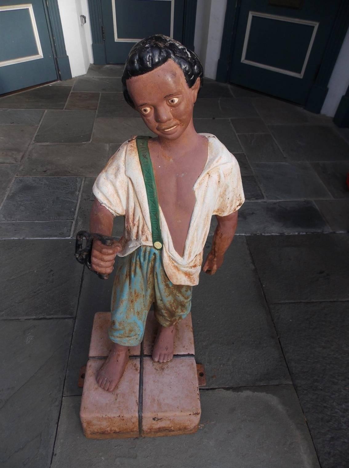 American Empire American Cast Iron Hitching Post with Negro Boy on Bail of Cotton, NY Circa 1850