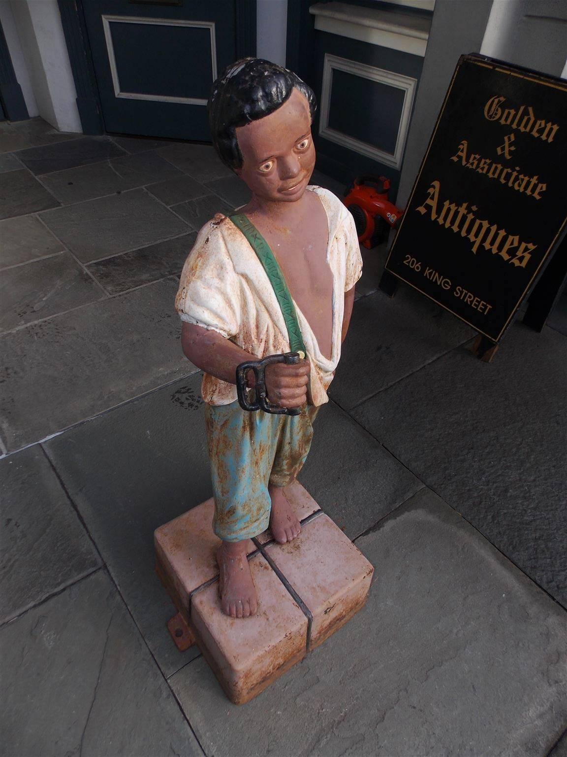 American Cast Iron Hitching Post with Negro Boy on Bail of Cotton, NY Circa 1850 In Excellent Condition In Hollywood, SC