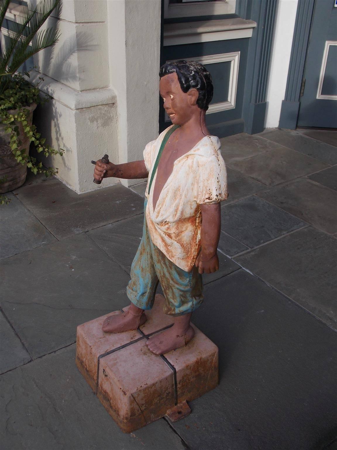 American Cast Iron Hitching Post with Negro Boy on Bail of Cotton, NY Circa 1850 In Excellent Condition In Charleston, SC