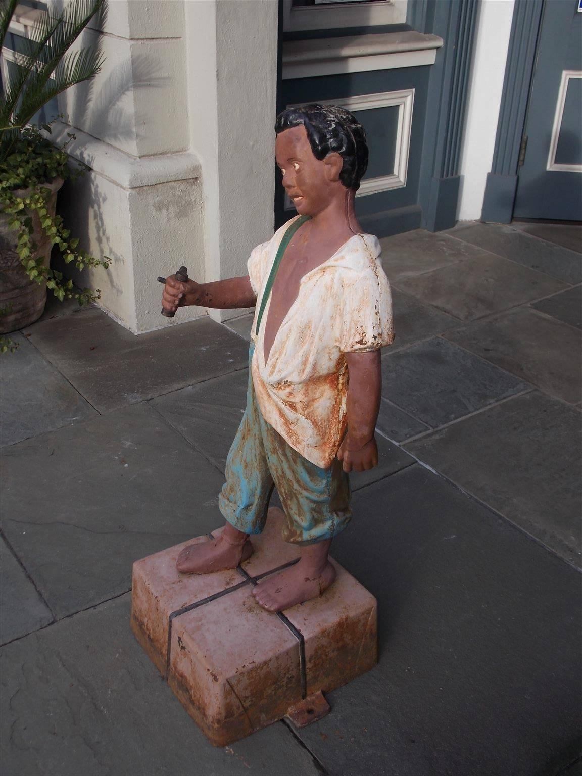 Mid-19th Century American Cast Iron Hitching Post with Negro Boy on Bail of Cotton, NY Circa 1850