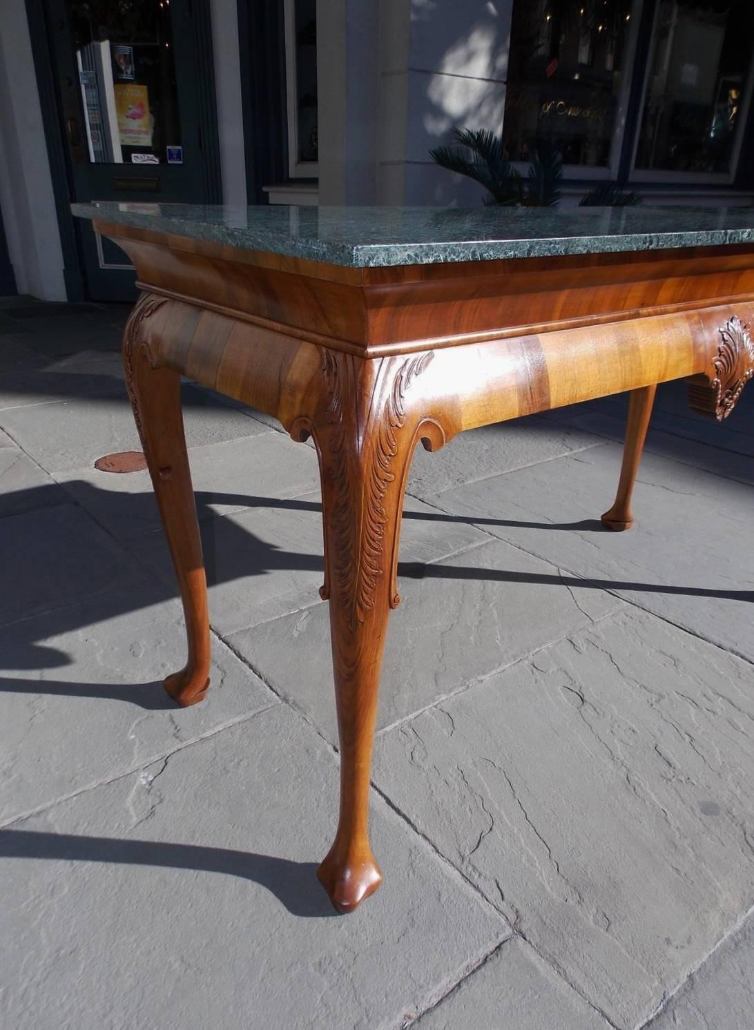 English Walnut Acanthus Carved Maurin Green Marble Top Console, Circa 1830 In Excellent Condition In Hollywood, SC