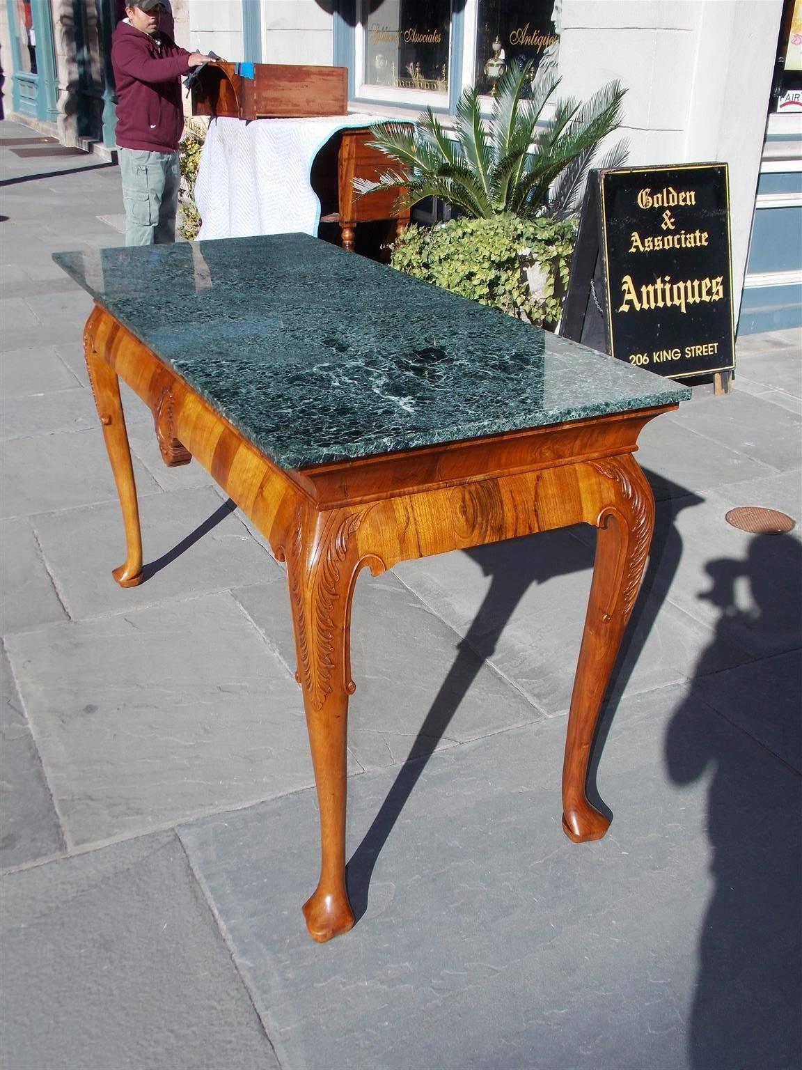 George IV English Walnut Acanthus Carved Maurin Green Marble Top Console, Circa 1830