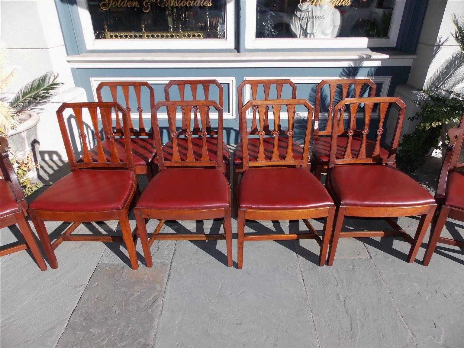 Hand-Carved Set of Ten English Regency Mahogany Dining Chairs With Leather Seats, Circa 1800 For Sale