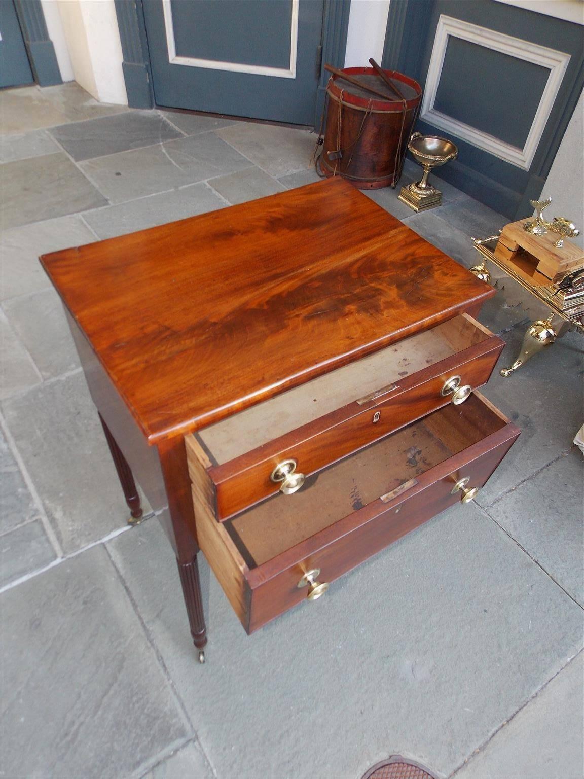 Brass American Sheraton Mahogany Reeded Two-Drawer Side Table, Circa 1820