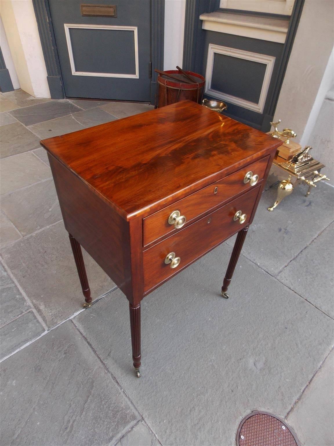 Hand-Carved American Sheraton Mahogany Reeded Two-Drawer Side Table, Circa 1820